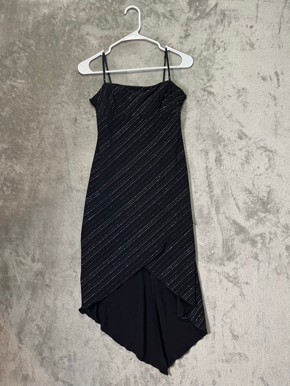 Vintage Y2K Glitter Stripe Asymmetrical Midi Dress Spaghetti Strap Fairy Grunge